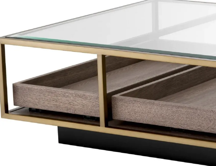 Casa Padrino Luxus Couchtisch Messing / Grau / Schwarz 180 x 90 x H. 37 cm - Rechteckiger Wohnzimmertisch mit Glasplatte - Hotel Tisch - Wohnzimmer Möbel - Hotel Möbel - Luxus Möbel