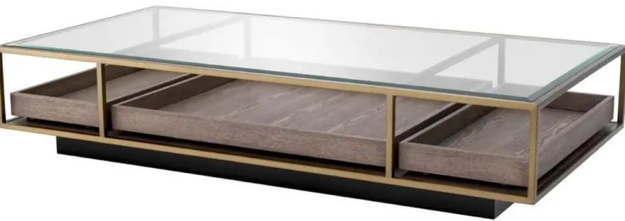 Casa Padrino Luxus Couchtisch Messing / Grau / Schwarz 180 x 90 x H. 37 cm - Rechteckiger Wohnzimmertisch mit Glasplatte - Hotel Tisch - Wohnzimmer Möbel - Hotel Möbel - Luxus Möbel