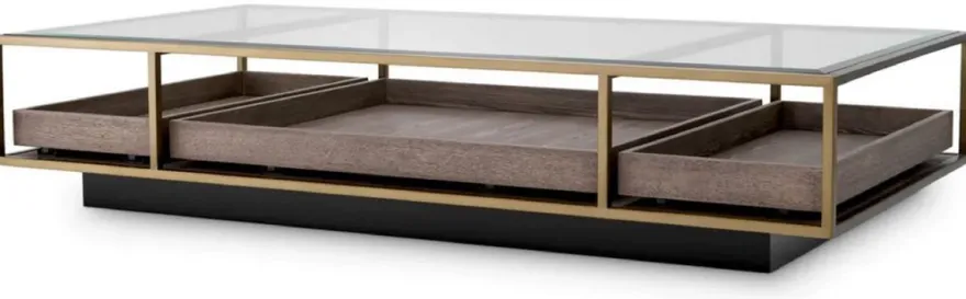 Casa Padrino Luxus Couchtisch Messing / Grau / Schwarz 180 x 90 x H. 37 cm - Rechteckiger Wohnzimmertisch mit Glasplatte - Hotel Tisch - Wohnzimmer Möbel - Hotel Möbel - Luxus Möbel