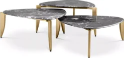 Casa Padrino Luxus Couchtisch 3er Set Messing / Grau - Messing Wohnzimmertische mit Marmorplatte - Wohnzimmer Möbel - Hotel Möbel - Luxus Qualität