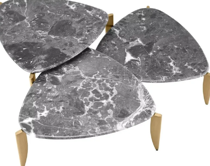 Casa Padrino Luxus Couchtisch 3er Set Messing / Grau - Messing Wohnzimmertische mit Marmorplatte - Wohnzimmer Möbel - Hotel Möbel - Luxus Qualität