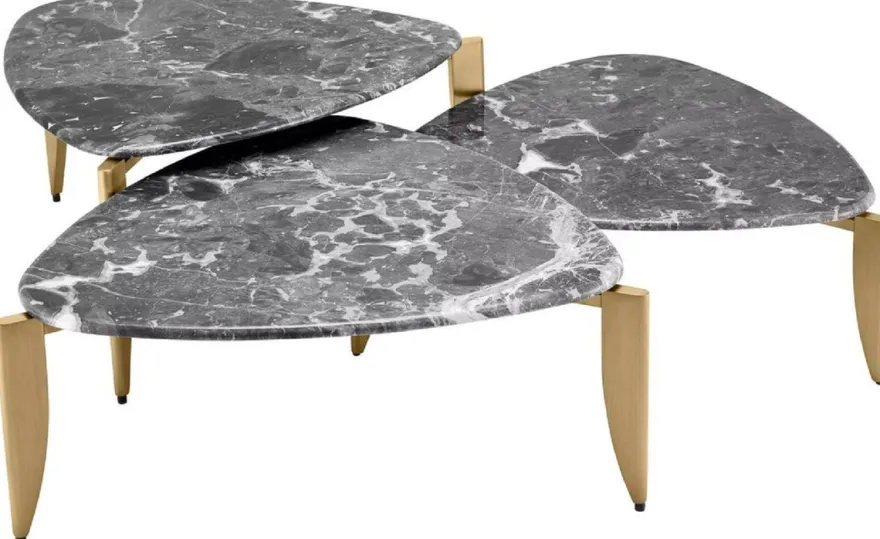 Casa Padrino Luxus Couchtisch 3er Set Messing / Grau - Messing Wohnzimmertische mit Marmorplatte - Wohnzimmer Möbel - Hotel Möbel - Luxus Qualität