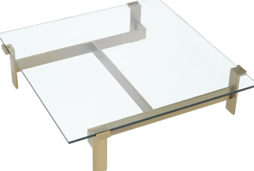 Casa Padrino Luxus Couchtisch Messingfarben 120 x 120 x H. 30 cm - Quadratischer Edelstahl Wohnzimmertisch mit Glasplatte - Wohnzimmer Möbel - Luxus Qualität