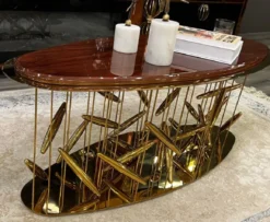Casa Padrino Luxus Couchtisch Braun / Gold 120 x 51 x H. 47 cm - Ovaler Edelstahl Wohnzimmertisch mit Massivholz Tischplatte - Wohnzimmer Möbel - Hotel Möbel - Luxus Möbel
