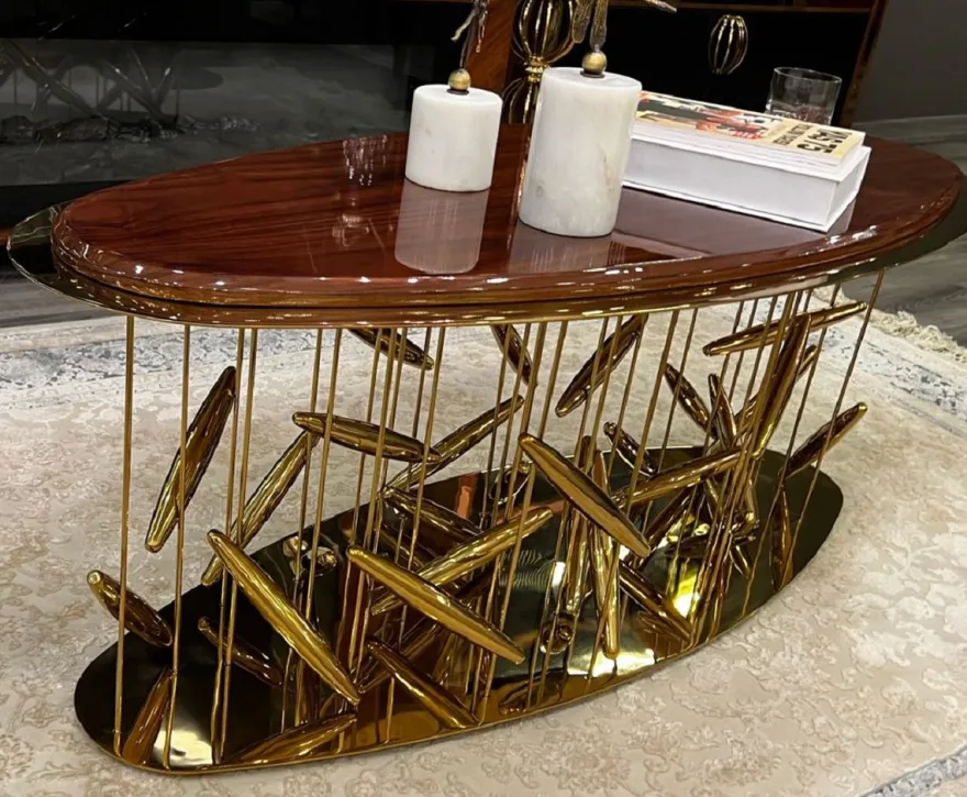 Casa Padrino Luxus Couchtisch Braun / Gold 120 x 51 x H. 47 cm - Ovaler Edelstahl Wohnzimmertisch mit Massivholz Tischplatte - Wohnzimmer Möbel - Hotel Möbel - Luxus Möbel