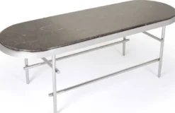 Casa Padrino Luxus Couchtisch Dunkelbraun / Silber 130 x 45 x H. 45 cm - Ovaler Wohnzimmertisch mit Marmorplatte und Edelstahl Gestell - Luxus Wohnzimmer Möbel