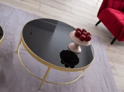 Casa Padrino Luxus Couchtisch Matt Gold / Schwarz Ø 82 x H. 40 cm - Runder Wohnzimmertisch mit Glasplatte - Wohnzimmer Möbel