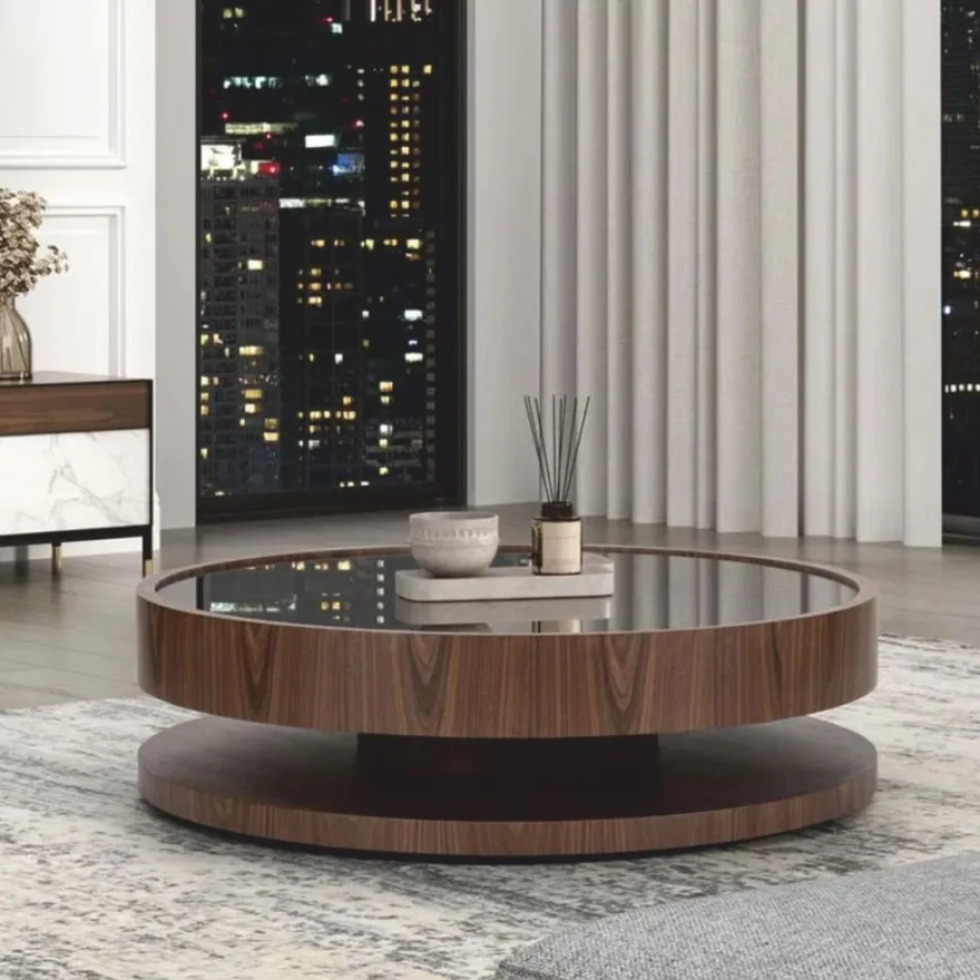Casa Padrino Luxus Couchtisch mit Glasplatte Braun Ø 120 cm - Wohnzimmer Möbel
