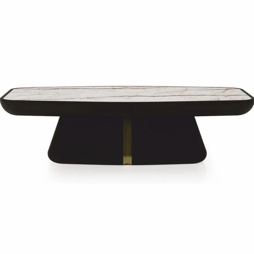 Casa Padrino Luxus Couchtisch mit Marmorplatte Dunkelbraun / Messing / Weiß-Braun 150 cm
