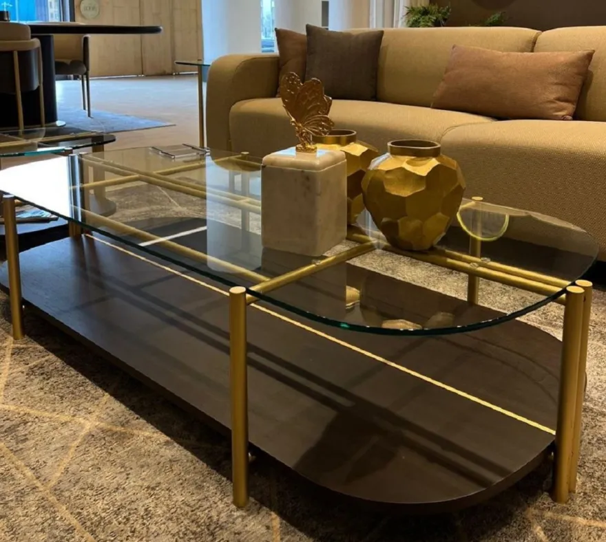 Casa Padrino Luxus Couchtisch Dunkelbraun / Messing 155 x 75 x H. 35 cm - Wohnzimmertisch mit Glasplatte - Wohnzimmer Möbel - Hotel Möbel - Luxus Möbel - Luxus Einrichtung