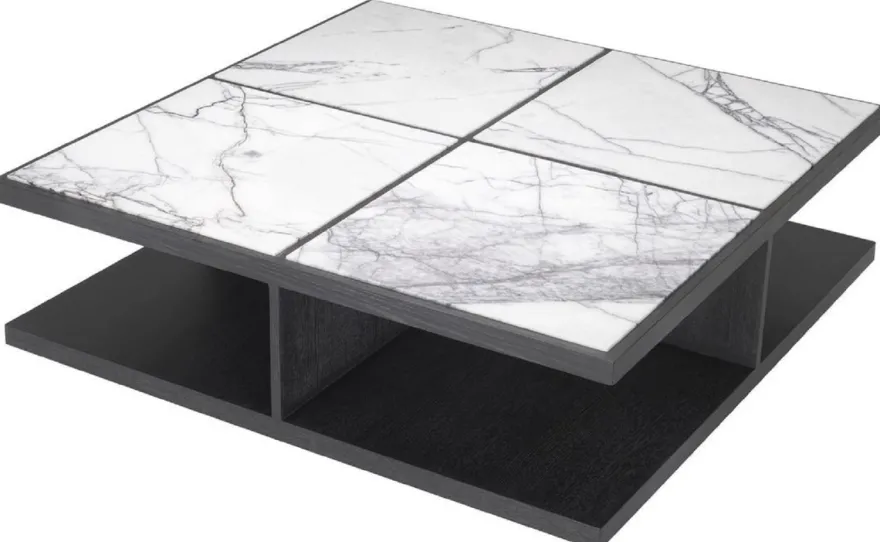 Casa Padrino Luxus Couchtisch Weiß / Lila / Anthrazitgrau 120 x 120 x H. 35 cm - Moderner Massivholz Wohnzimmertisch mit Marmorplatten - Luxus Qualität