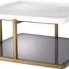 Casa Padrino Luxus Couchtisch Messingfarben / Weiß / Grau 58 x 58 x H. 27,5 cm - Moderner Edelstahl Wohnzimmertisch mit Marmorplatte und getönter Glasplatte - Luxus Möbel