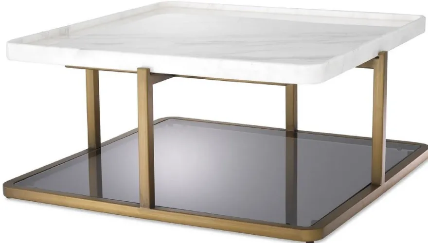 Casa Padrino Luxus Couchtisch Messingfarben / Weiß / Grau 58 x 58 x H. 27,5 cm - Moderner Edelstahl Wohnzimmertisch mit Marmorplatte und getönter Glasplatte - Luxus Möbel
