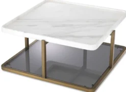 Casa Padrino Luxus Couchtisch Messingfarben / Weiß / Grau 58 x 58 x H. 27,5 cm - Moderner Edelstahl Wohnzimmertisch mit Marmorplatte und getönter Glasplatte - Luxus Möbel