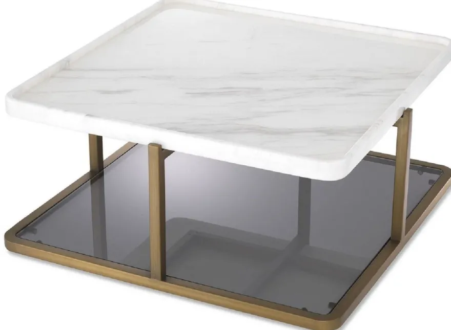 Casa Padrino Luxus Couchtisch Messingfarben / Weiß / Grau 58 x 58 x H. 27,5 cm - Moderner Edelstahl Wohnzimmertisch mit Marmorplatte und getönter Glasplatte - Luxus Möbel