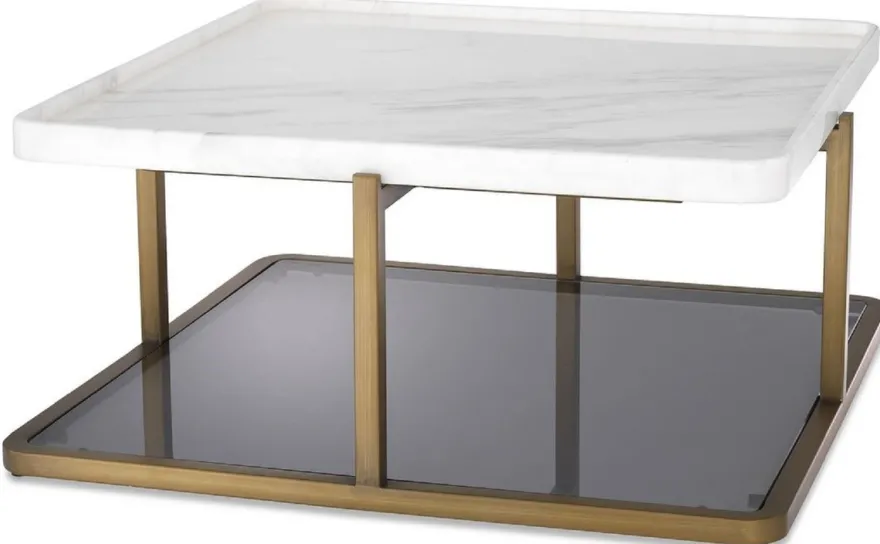 Casa Padrino Luxus Couchtisch Messingfarben / Weiß / Grau 58 x 58 x H. 27,5 cm - Moderner Edelstahl Wohnzimmertisch mit Marmorplatte und getönter Glasplatte - Luxus Möbel