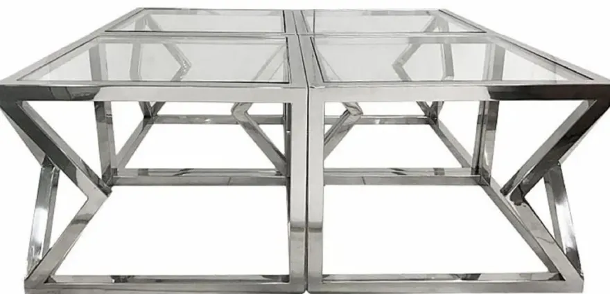 Casa Padrino Luxus Couchtisch Silber 112 x 112 x H. 43 cm - Metall Wohnzimmertisch mit Glasplatten - Wohnzimmer Möbel - Luxus Möbel