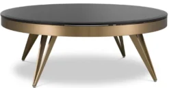 Casa Padrino Luxus Couchtisch Messingfarben / Schwarz Ø 90 x H. 33 cm - Runder Edelstahl Wohnzimmertisch mit Glasplatte - Wohnzimmer Möbel - Luxus Möbel
