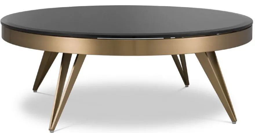Casa Padrino Luxus Couchtisch Messingfarben / Schwarz Ø 90 x H. 33 cm - Runder Edelstahl Wohnzimmertisch mit Glasplatte - Wohnzimmer Möbel - Luxus Möbel