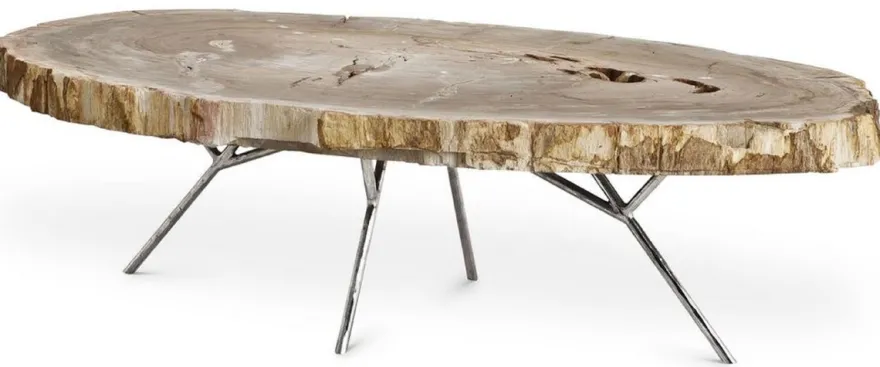 Casa Padrino Luxus Couchtisch Naturfarben / Silber 115 x 68 x H. 35 cm - Edler Wohnzimmertisch mit versteinerter Holz Tischplatte und Edelstahl Beinen - Luxus Wohnzimmer Möbel