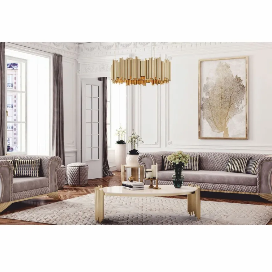 Casa Padrino Luxus Couchtisch mit Kunstmarmor Tischplatte Weiß / Gold Ø 101 cm - Luxus Möbel