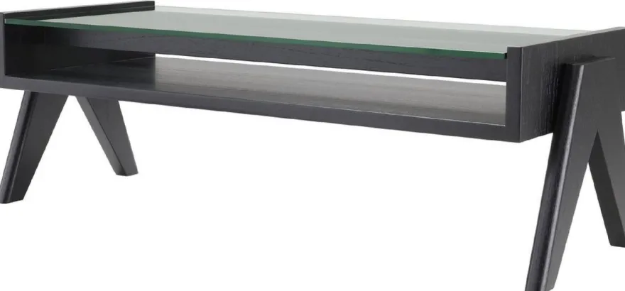 Casa Padrino Luxus Couchtisch Schwarz 120 x 46 x H. 39,5 cm - Rechteckiger Massivholz Wohnzimmertisch mit Glasplatte - Luxus Wohnzimmer Möbel
