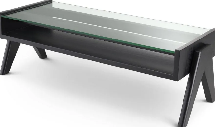 Casa Padrino Luxus Couchtisch Schwarz 120 x 46 x H. 39,5 cm - Rechteckiger Massivholz Wohnzimmertisch mit Glasplatte - Luxus Wohnzimmer Möbel