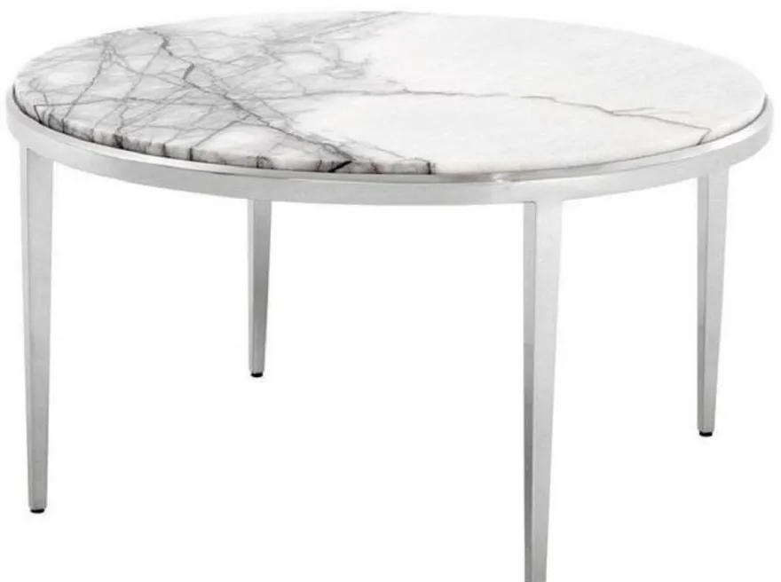 Casa Padrino Luxus Couchtisch Weiß / Silber Ø 65 x H. 36 cm - Runder Wohnzimmertisch mit Marmorplatte