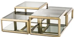 Casa Padrino Luxus Couchtisch Messingfarben 75 x 75 x H. 48 cm - Edelstahl Wohnzimmertisch mit Glasplatten und Spiegelglas - Luxus Wohnzimmer Möbel