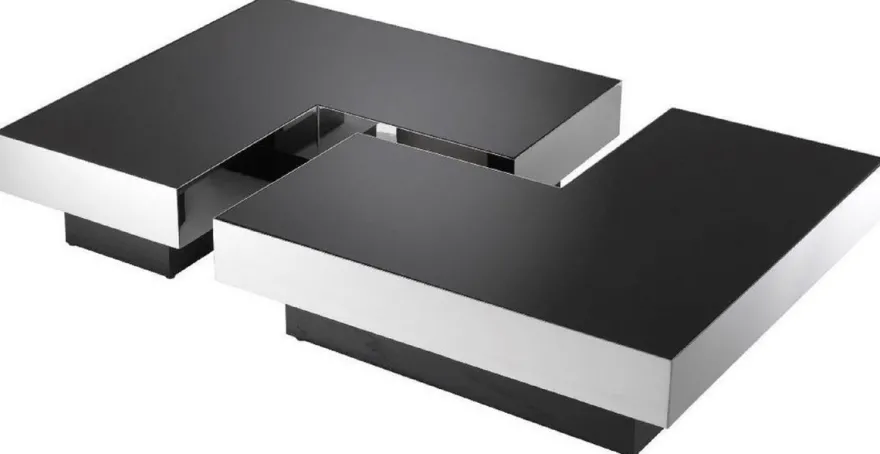 Casa Padrino Luxus Couchtisch Set Silber / Schwarz - 2 L-förmige Wohnzimmertische mit 2 quadratischen Tabletts - Wohnzimmer Möbel - Luxus Kollektion