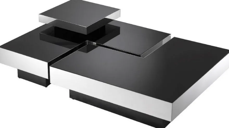 Casa Padrino Luxus Couchtisch Set Silber / Schwarz - 2 L-förmige Wohnzimmertische mit 2 quadratischen Tabletts - Wohnzimmer Möbel - Luxus Kollektion