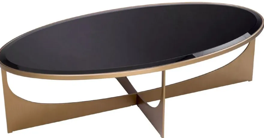 Casa Padrino Luxus Couchtisch Messing / Schwarz 101,5 x 41,5 x H. 78,5 cm - Ovaler Edelstahl Wohnzimmertisch mit Glasplatte - Luxus Möbel - Wohnzimmer Möbel - Luxus Einrichtung