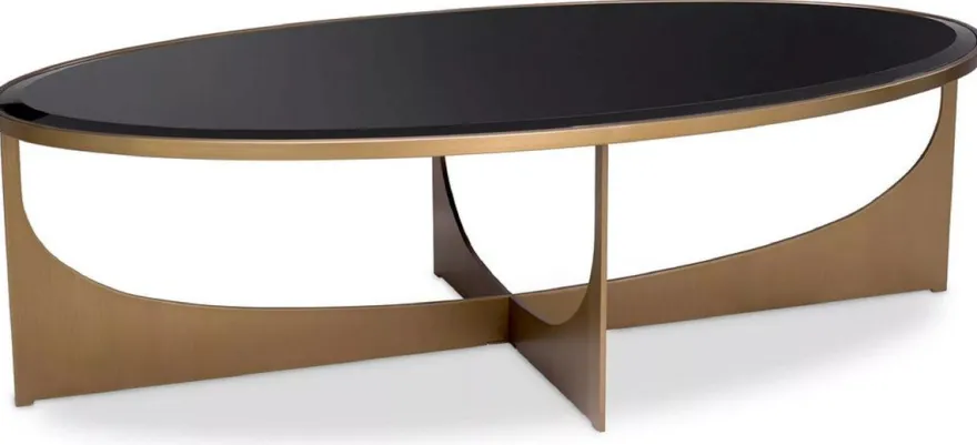 Casa Padrino Luxus Couchtisch Messing / Schwarz 101,5 x 41,5 x H. 78,5 cm - Ovaler Edelstahl Wohnzimmertisch mit Glasplatte - Luxus Möbel - Wohnzimmer Möbel - Luxus Einrichtung