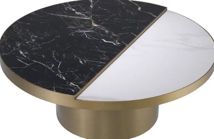 Casa Padrino Luxus Couchtisch Schwarz / Weiß / Messingfarben Ø 89 x H. 55,5 cm - Runder Edelstahl Wohnzimmertisch mit 2 halbrunden Keramikplatten - Wohnzimmer Möbel - Luxus Möbel