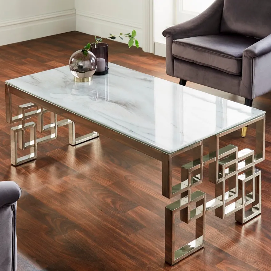 Casa Padrino Luxus Couchtisch Silber / Weiß 120 x 60 x H. 45 cm - Rechteckiger Wohnzimmertisch mit Edelstahlbeinen und Marmorglas Tischplatte - Luxus Wohnzimmer Möbel