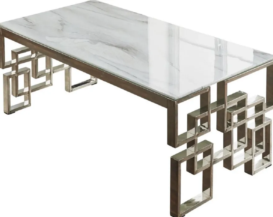 Casa Padrino Luxus Couchtisch Silber / Weiß 120 x 60 x H. 45 cm - Rechteckiger Wohnzimmertisch mit Edelstahlbeinen und Marmorglas Tischplatte - Luxus Wohnzimmer Möbel