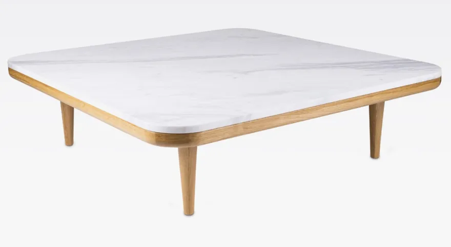 Casa Padrino Luxus Couchtisch Weiß / Naturfarben 120 x 120 x H. 35 cm - Moderner Eichenholz Wohnzimmertisch mit Volakas Marmorplatte - Wohnzimmer Möbel