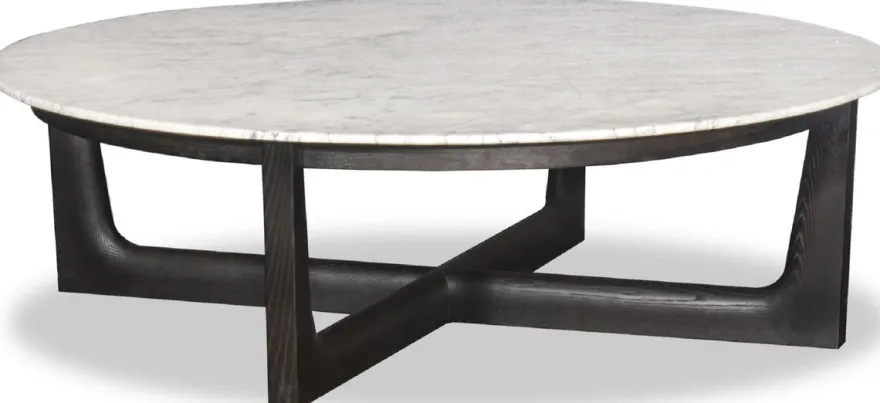 Casa Padrino Luxus Couchtisch Weiß / Schwarz Ø 120 x H. 35 cm - Runder Massivholz Wohnzimmertisch mit Marmorplatte - Luxus Wohnzimmer Möbel