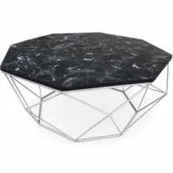 Casa Padrino Luxus Couchtisch mit Kunstmarmor Tischplatte Schwarz / Silber 98 cm - Wohnzimmer Möbel - Luxus Möbel