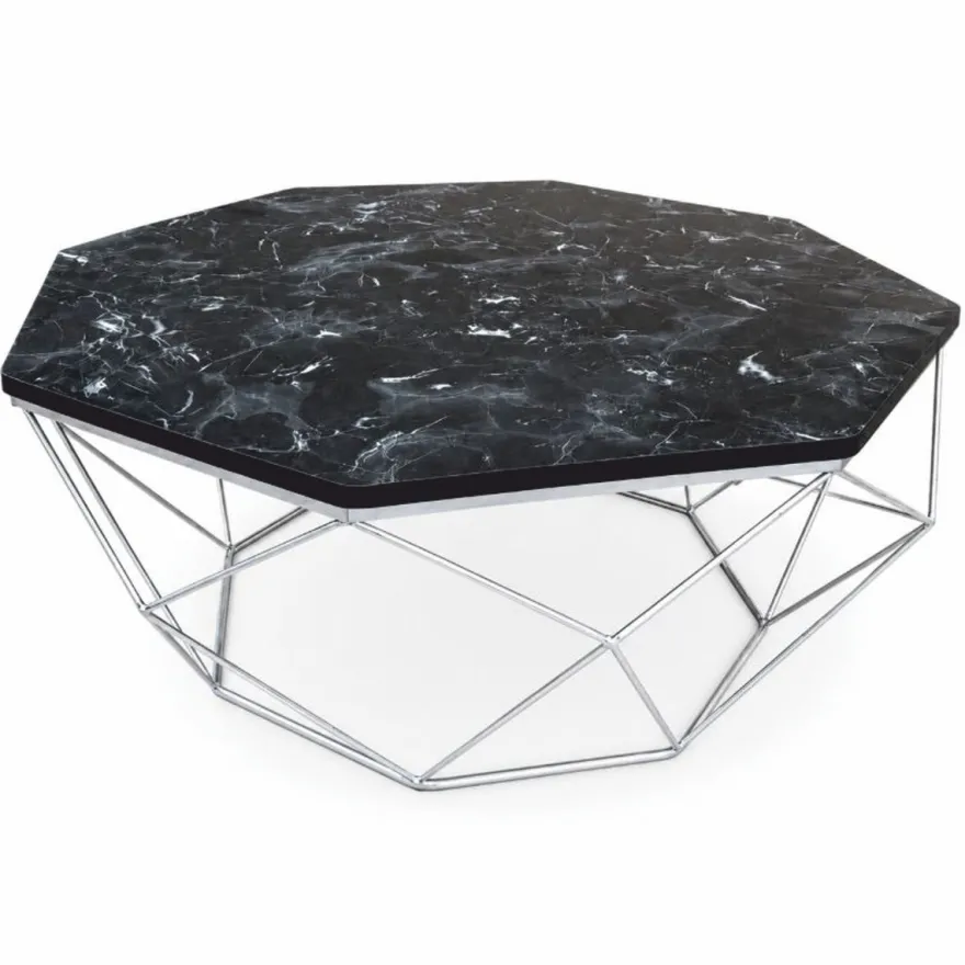 Casa Padrino Luxus Couchtisch mit Kunstmarmor Tischplatte Schwarz / Silber 98 cm - Wohnzimmer Möbel - Luxus Möbel