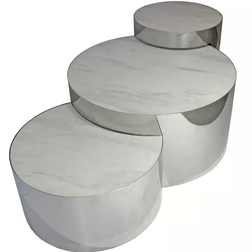 Casa Padrino Luxus Couchtisch Set Silber / Weiß 130 x 80 x H. 50 cm - 3 Runde Wohnzimmertische mit Porzellanplatten
