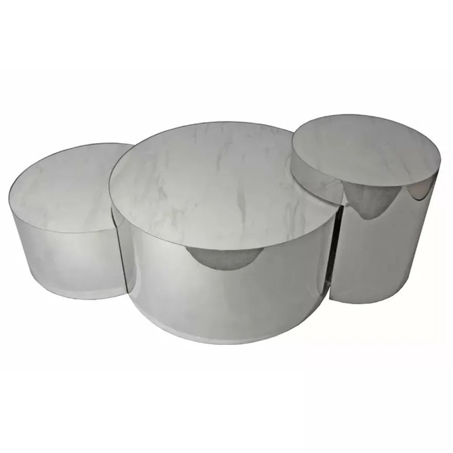 Casa Padrino Luxus Couchtisch Set Silber / Weiß 130 x 80 x H. 50 cm - 3 Runde Wohnzimmertische mit Porzellanplatten