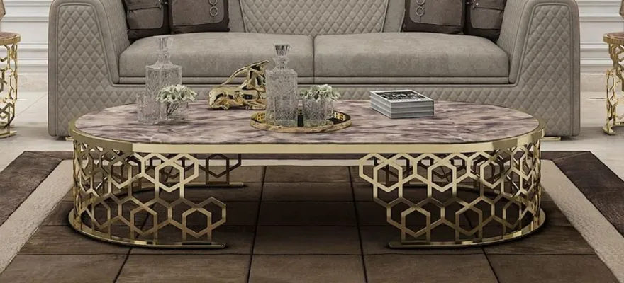 Casa Padrino Luxus Couchtisch mit Kunstmarmor Tischplatte Grau-Schwarz / Gold 140 cm