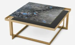 Casa Padrino Luxus Couchtisch Messingfarben / Blau-Schwarz / Schwarz 93 x 93 x H. 40 cm - Moderner quadratischer Wohnzimmertisch mit Granitplatte & Glasplatte - Luxus Wohnzimmer Möbel