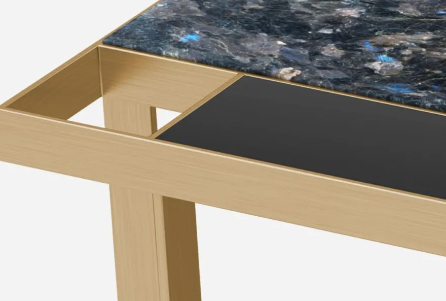 Casa Padrino Luxus Couchtisch Messingfarben / Blau-Schwarz / Schwarz 93 x 93 x H. 40 cm - Moderner quadratischer Wohnzimmertisch mit Granitplatte & Glasplatte - Luxus Wohnzimmer Möbel
