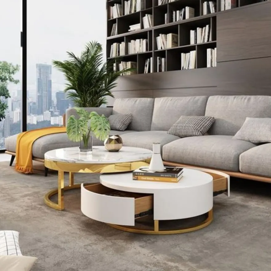 Casa Padrino Luxus Couchtisch Set Weiß / Gold - 2 runde Wohnzimmertische - Wohnzimmer Möbel - Luxus Qualität