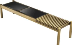 Casa Padrino Luxus Couchtisch Messingfarben / Schwarz 180 x 44 x H. 35,5 cm - Edelstahl Wohnzimmertisch mit Glasplatten - Wohnzimmer Möbel - Luxus Möbel