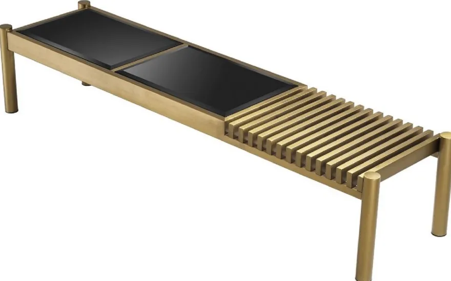 Casa Padrino Luxus Couchtisch Messingfarben / Schwarz 180 x 44 x H. 35,5 cm - Edelstahl Wohnzimmertisch mit Glasplatten - Wohnzimmer Möbel - Luxus Möbel