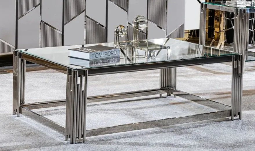 Casa Padrino Luxus Couchtisch Silber 120 x 80 x H. 45 cm - Rechteckiger Wohnzimmertisch mit Glasplatte - Luxus Wohnzimmer Möbel - Luxus Hotel Möbel