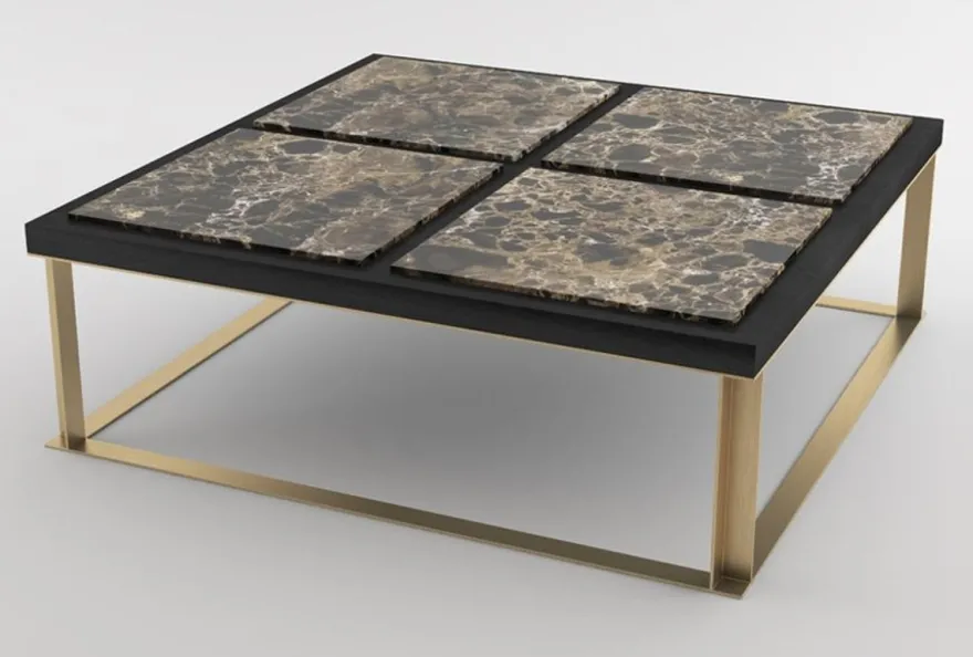 Casa Padrino Luxus Couchtisch Schwarz / Braun / Messingfarben 123 x 123 x H. 40 cm - Moderner quadratischer Wohnzimmertisch mit 4 Marmorplatten - Luxus Wohnzimmer Möbel
